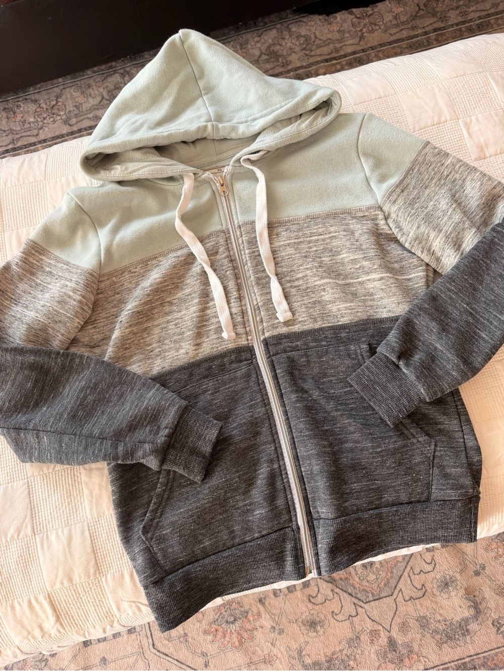 Doublju Women’s Colorblock Zip-Up Hoodie Sweater - Mint, Light Gray, Charcoal